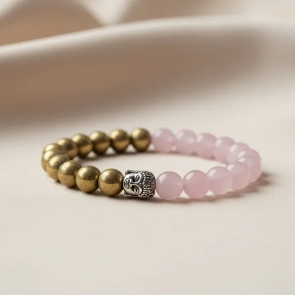 Rose Quartz and Golden Pyrite Bracelet with Buddha Charm