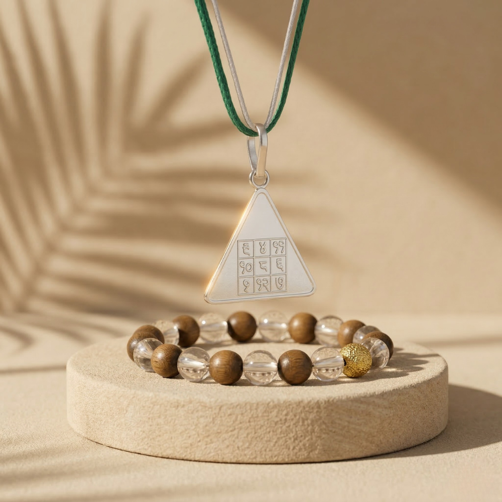 Budh Pyra Silver Locket with Wood Crystal Bracelet – Diamond Cut Combo