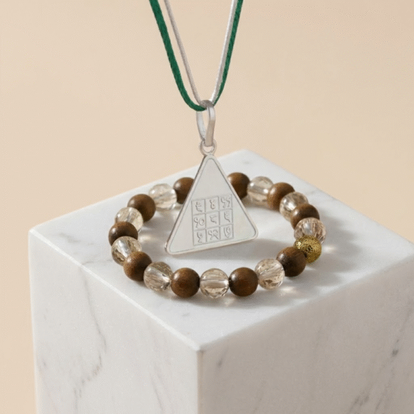 Budh Pyra Silver Locket with Wood Crystal Bracelet – Diamond Cut Combo