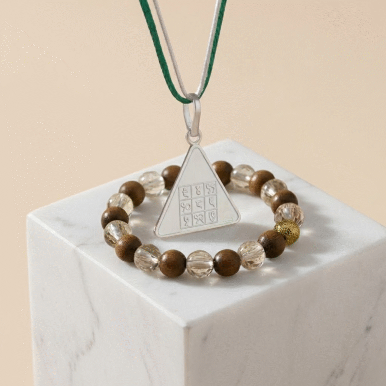 Budh Pyra Silver Locket with Wood Crystal Bracelet – Diamond Cut Combo