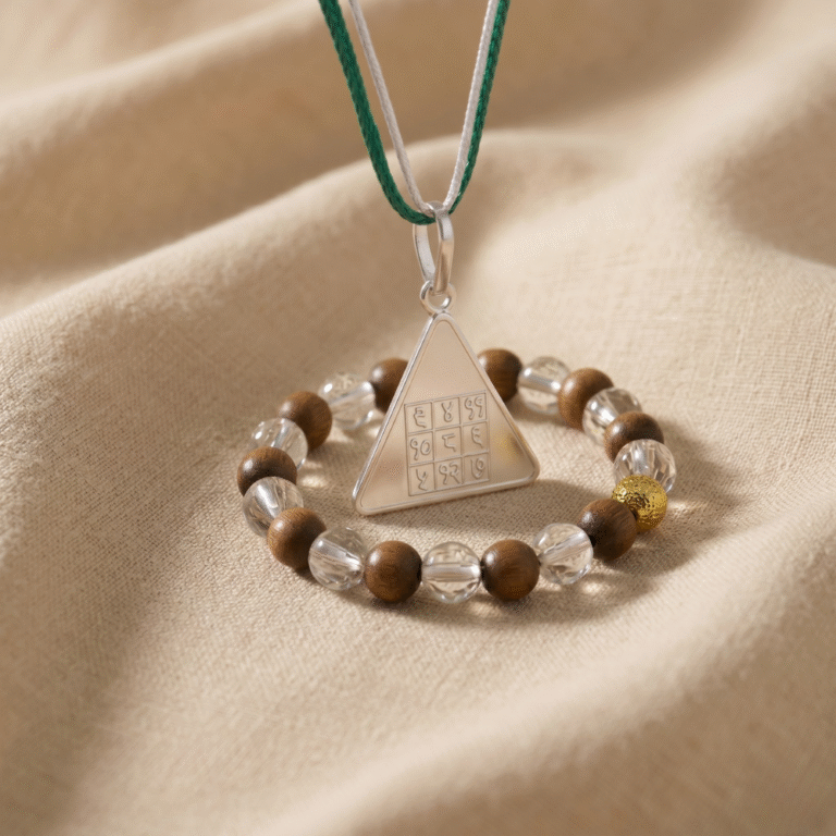 Budh Pyra Silver Locket with Wood Crystal Bracelet – Diamond Cut Combo