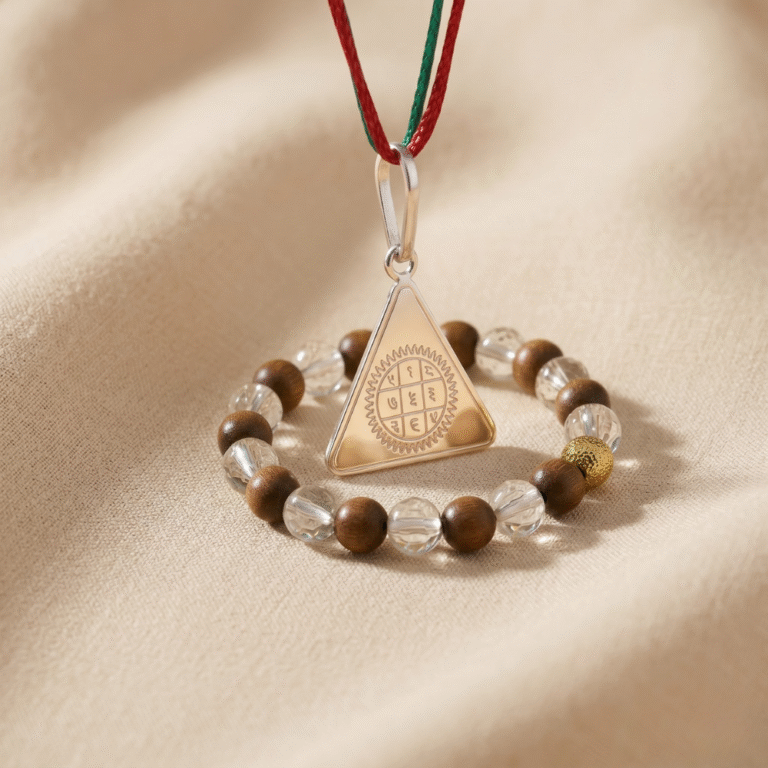 Surya Budh Yantra Silver Locket and Wood and Clear Crystal Bracelet Combo