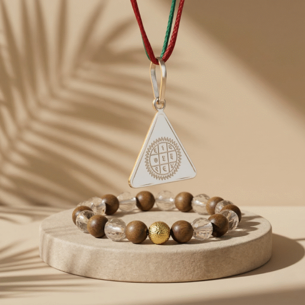 Surya Budh Yantra Silver Locket and Wood and Clear Crystal Bracelet Combo