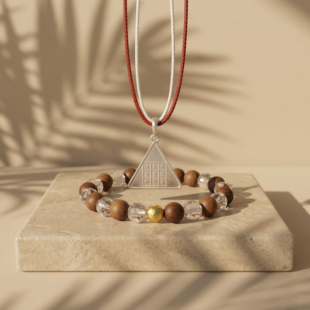 Surya Pyra Yantra Pure Silver Locket & Wood Crystal Bracelet Combo