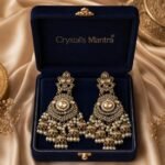 Traditional Chandbali Earrings with Pearl Jhumka Drops, Antique Gold Tone & Kundan Stone Work - Image 3