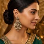 Traditional Chandbali Earrings with Pearl Jhumka Drops, Antique Gold Tone & Kundan Stone Work - Image 2